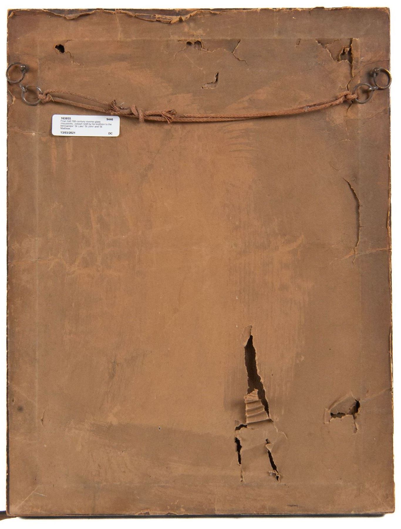 Four mid-19th century reverse glass mezzotints, 'Joseph sold by his brethren to the Ishmaelites' 'St Luke' 'St John' and 'St Matthew', 34cm x 24cm (4)