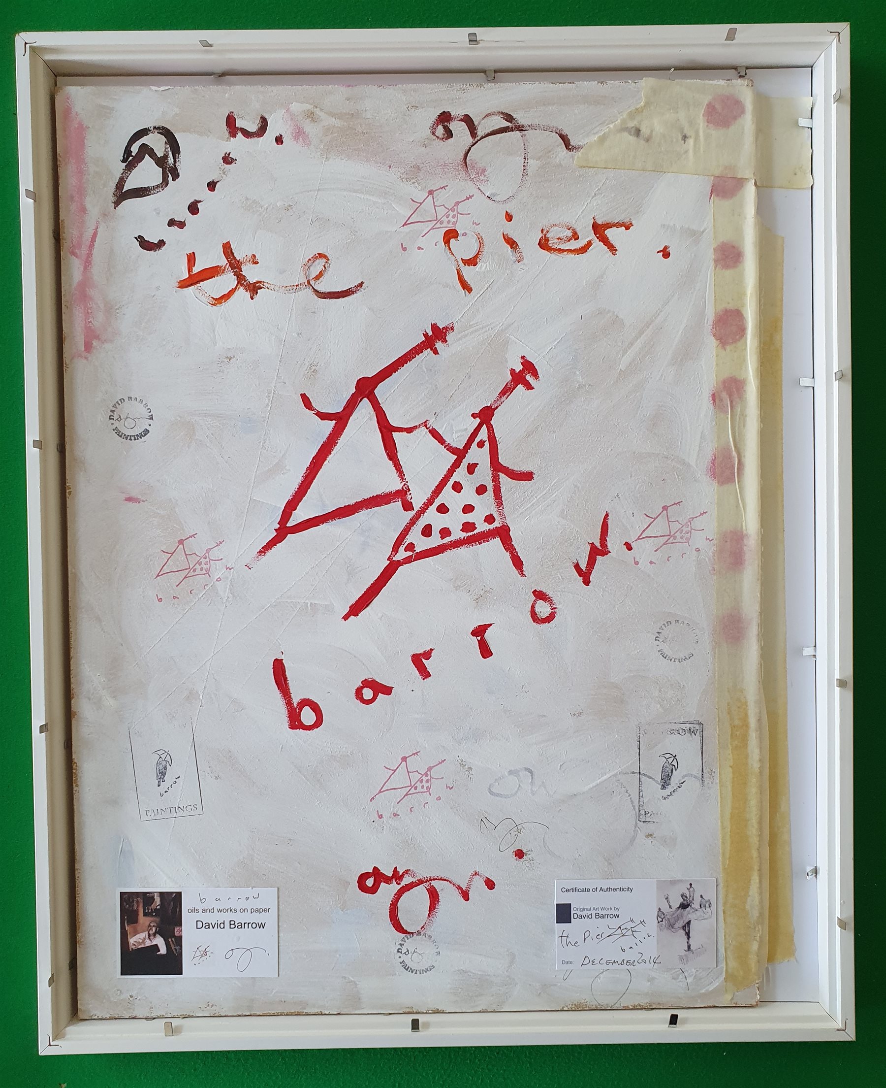 David Barrow (Northern British 1959-): 'The Pier', oil on canvas with cut-out relief laid on board signed, titled and dated December 2014 on artist's studio label verso 40cm x 30cm

