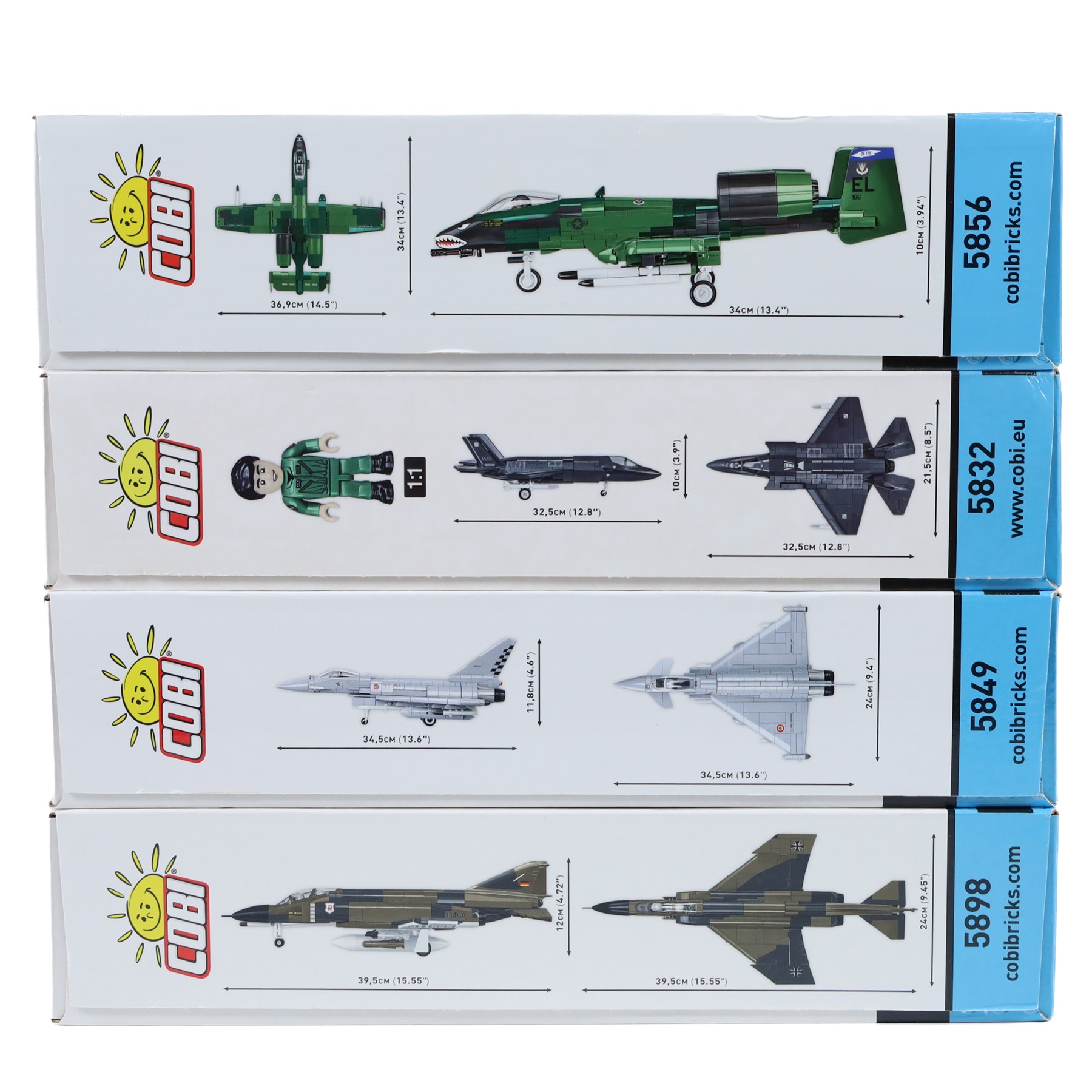 Four Cobi Bricks 1:48 scale Armed Forces sets, comprising no. 5856 A-10 Thunderbolt II Warthog, no. 5849 Eurofighter F2000 Typhoon, no. 5898 F-4F Phantom II and no.5832 F-35 A Lightning II, all in sealed boxes