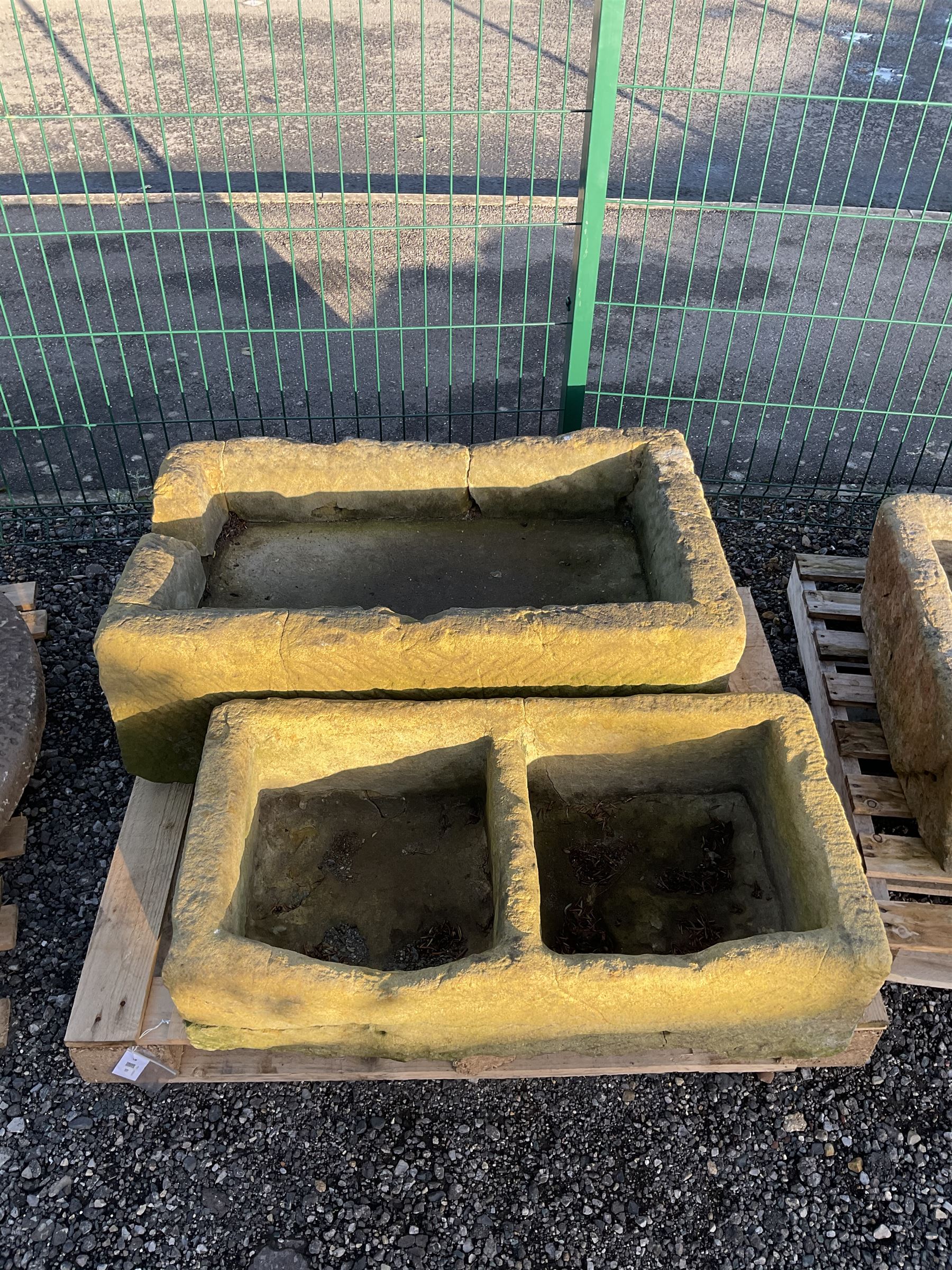 19th century two division stone trough and a medium rectangular stone trough with concrete base (2) - THIS LOT IS TO BE COLLECTED BY APPOINTMENT FROM DUGGLEBY STORAGE, GREAT HILL, EASTFIELD, SCARBOROUGH, YO11 3TX