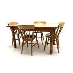 Pine farmhouse dining table and four spindle back chairs
