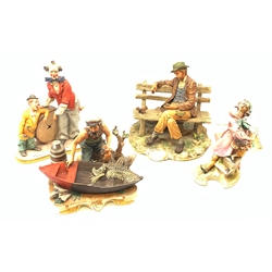A group of four Capodimonte figurines, comprising The Fisherman, Tramp on Bench, each with accompanying certificate, and two others, one modelled as two clowns leaning against a broken drum, the other modelled as a painter.