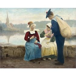 After Emma Herland (French 1856-1947): Brittany Scene with Sailor and Girls Sewing, embellished and overpainted print on canvas, inscribed verso 20cm x 26cm