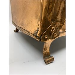 19th century Continental copper log bin, of straight sided form with twin carry handles, upon four curved feet, the seamed body embossed in high relief to the front with Historismus type scene of figure of horseback flanked by trees, above a foliate frieze, the cover with curved handle embossed with alternating panels of stags and hounds separated by trees, including handle H53cm W44.5cm