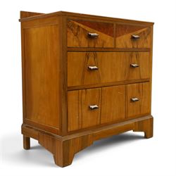 Art Deco figured and burr walnut chest, raised back over rectangular top, fitted with two short over two long drawers with decorative veneer and handles, on shaped bracket feet