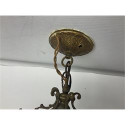 Edwardian floral cast gilt brass hall lantern of tapered pentagonal form, the five glass panels with etched decoration, overall approx L36cm excl chain