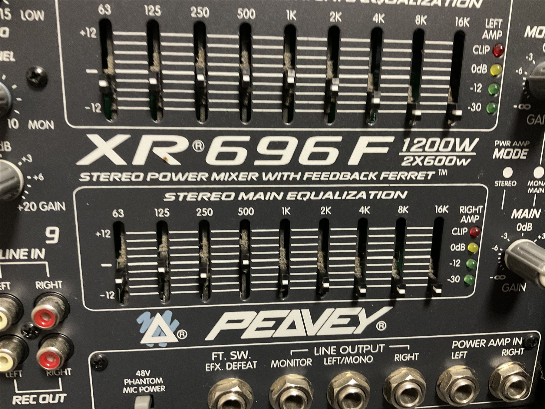 Peavey XR-696F 1200W Amplifier, serial no.K0241228, L47cm; with two Peavey UL bass bins L56cm and two Peavey top speakers L45cm with connecting rods; all with covers; and quantity of heavy duty cables, two microphone cables and microphone stand