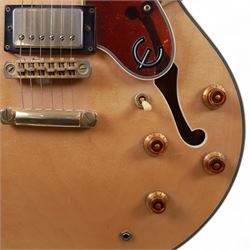 Epiphone by Gibson Sheraton semi-hollow electric guitar, serial no. S98081744 made in Korea c.1998, with natural blonde body, maple neck, fretboard with abalone and mother of pearl split block markers, with inlaid mother of pearl tree of life design and Epiphone logo to headstock, L109cm