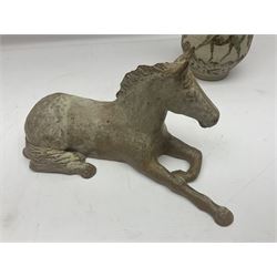 Wendy Abbott Salt; studio pottery figure of a recumbent horse, together with vase of baluster form decorated and dish, both decorated with horses, vase H26cm