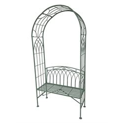 Regency design wrought metal arch and bench, decorated with arched gothic window design, strap seat and straight supports, in teal finish