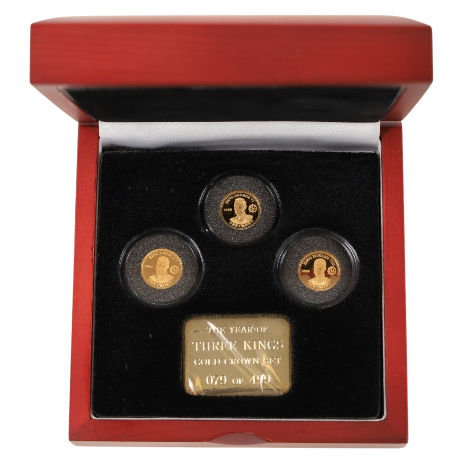 Queen Elizabeth II Tristan da Cunha 2010 'Year of Three Kings' gold proof three coin set, comprising three one crown coins, issued by The London Mint Office, cased with certificate