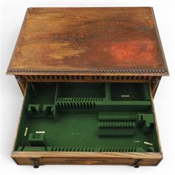Early 20th century oak cased canteen on barleytwist stand, hinged top with fitted baized lined interior, above a drawer fitted for cutlery