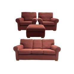 Multiyork - traditional three seat sofa upholstered in claret red fabric (W200cm H80cm); and pair matching armchairs (W103cm) 