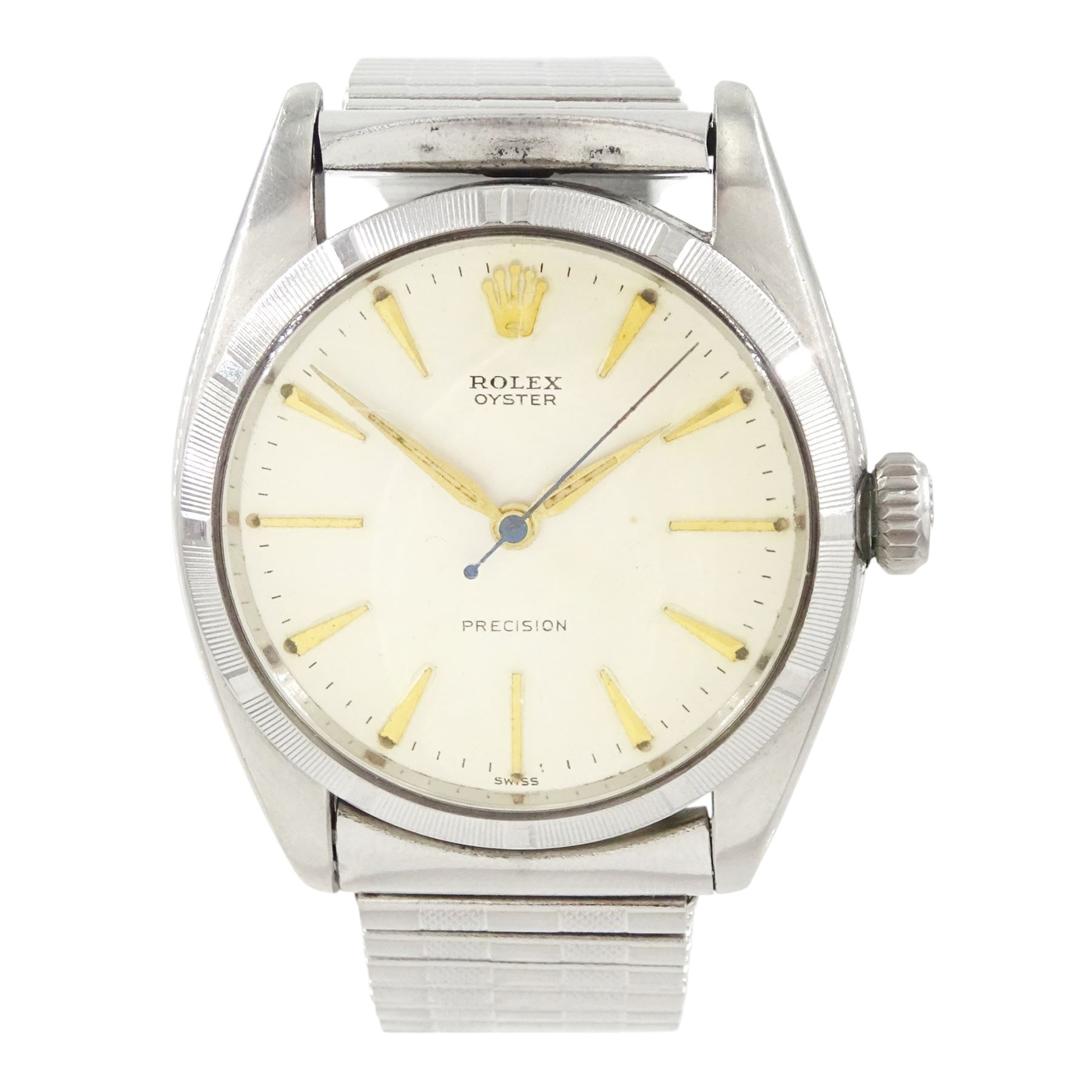 Rolex Oyster Precision gentleman's stainless steel manual wind wristwatch, circa 1959, Ref. 6427, serial No. 455994, cream dial with dagger and baton hour markers, on expanding bracelet, boxed
