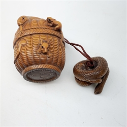 Japanese Meiji carved wooden inro, modelled as a basket with snake and rats climbing over, with snake carved netsuke and ojime bead, H8cm  