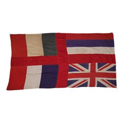 Four large linen ship's flags, including Red Ensign, Union Jack, White Ensign and one other, Red Ensign H140cm,W260cm