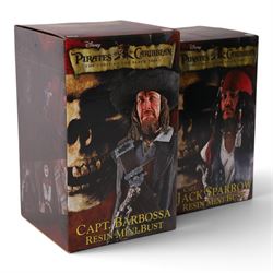 Two limited edition Neca Pirates of the Caribbean The Curse of the Black Pearl resin mini busts, Capt. Jack Sparrow 2063/2500 and Capt. Barbossa 995/2500, both boxed
