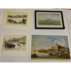  Collection of watercolours and etchings including Lancaster, 17th century map by Richard Blome hand coloured, View of the Doge's Palace at Venice...', pub. Robert Sayer, etchings by Albany E. Howarth and R. H Smallridge, Perspective view of the city of Chichester ... Sussex, engraving c.1789  etc framed and unframed(qty)  