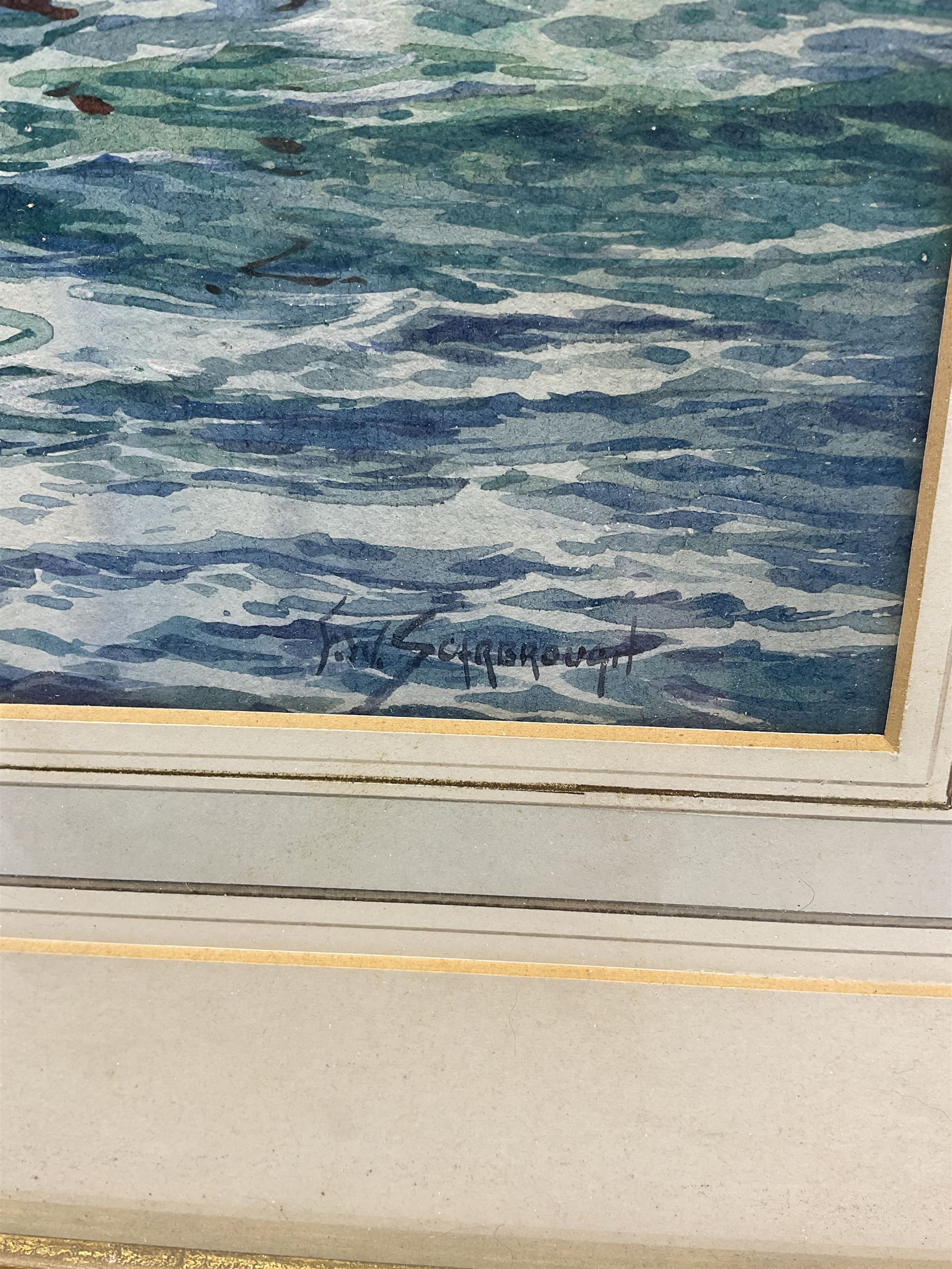 Frank (Frederick) William Scarborough (British 1860-1939): Whitby and Kirkcaldy boats in Harbour, watercolour signed 33.5cm x 24cm 
Provenance: with the Mangate Gallery London, label verso