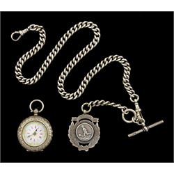 Victorian silver Albert watch chain by Henry Allday & Son, Birmingham 1899, with silver football fob medallion and a silver ladies key wound cylinder pocket watch, Swiss hallmark