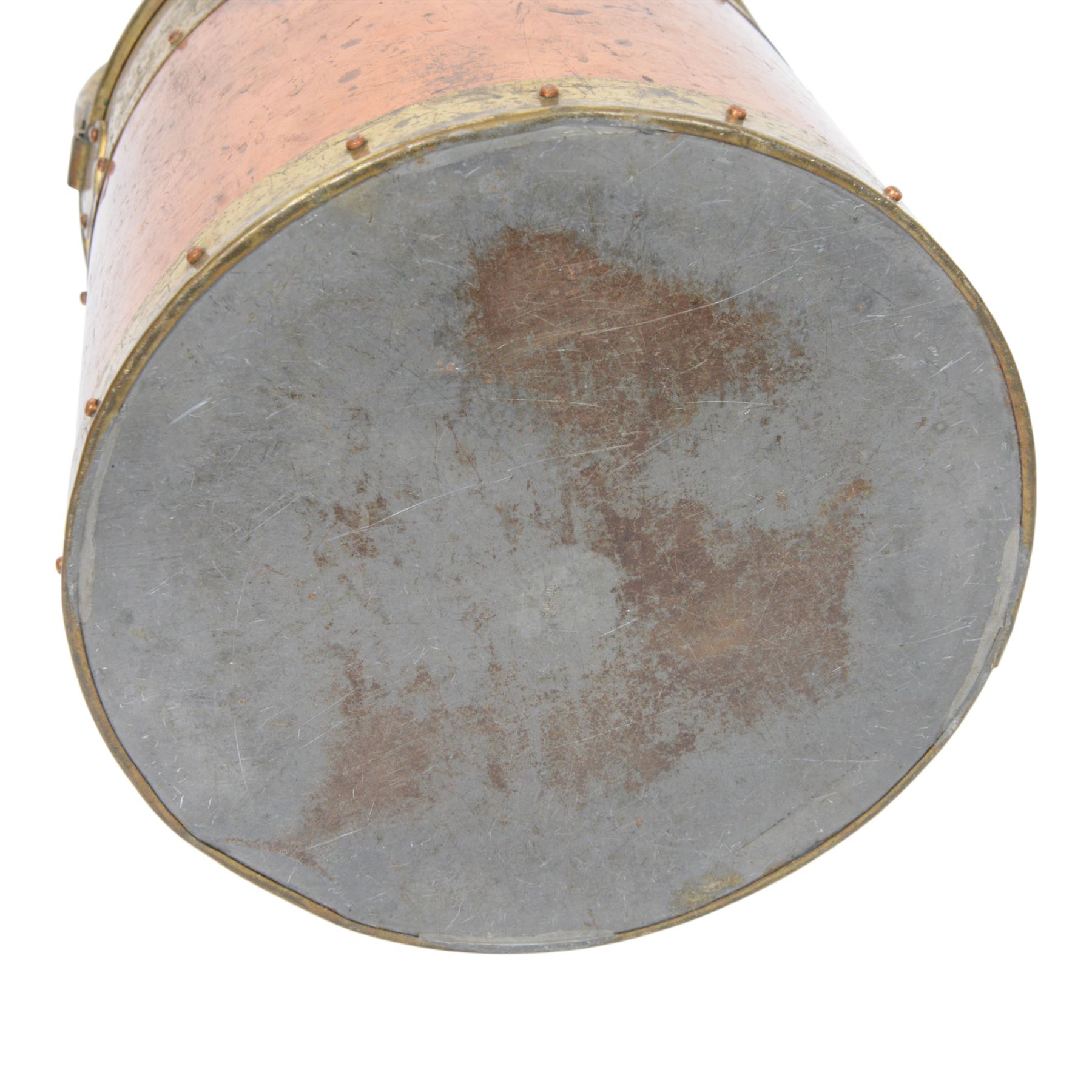 19th century rivetted copper and brass coal bucket  with swing handle, H30cm, D32cm