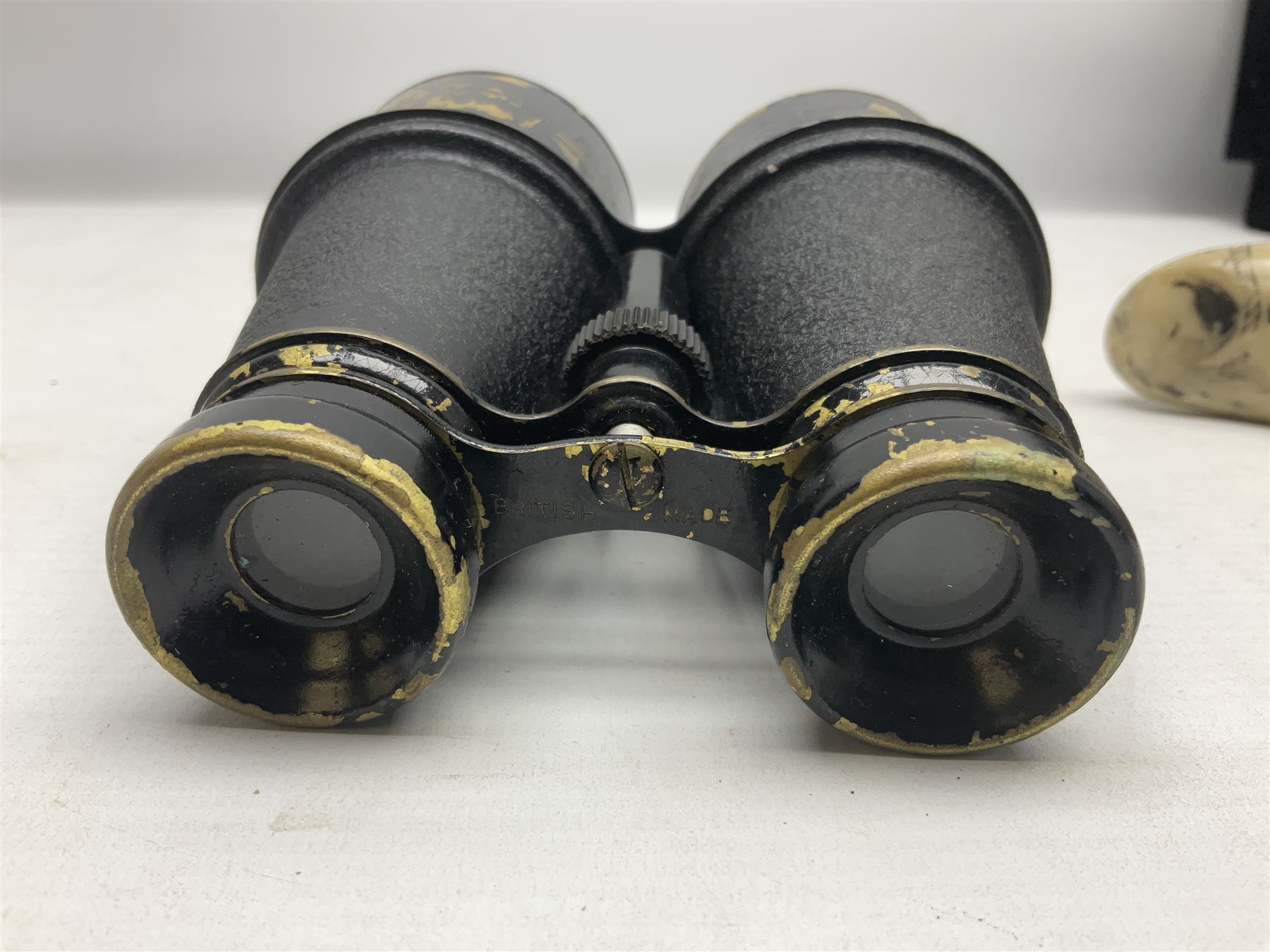 Horn handled magnifying glass and letter opener cased set, replica Scrimshaw in the form of a tusk titled The Ship Charles W Morgan New Bedford and pair of binoculars