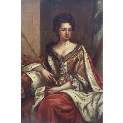 After Sir Godfrey Kneller (German/British 1646-1723): Seated Portrait of Queen Anne with Crown and Sceptre, 19th century oil on panel unsigned 34cm x 23cm