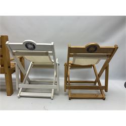 Charlie Bears bench, H41.5cm L58.5cm D29.5cm, and two Charlie Bears deck chairs, each approximately H37cm, together with a limited edition Silver Tag Bear, Logan Bear, 226/1,500, with tag, and two further bears, (6)