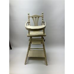 Victorian child's windsor style ash and elm stick-back high chair with turned supports and stretchers H88cm; and a white painted French doll's metamorphic high-cum-low chair with hinged flap (2)