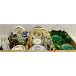  19th century and later ceramics including a part dessert service, stoneware tobacco jar, lacking cover, Wedgwood botanical design plate, Wedgwood & other majolica moulded plates and dishes and other ceramics in three boxes  