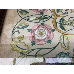 Two 1950s tapestries, the framed example celebrating the 1953 coronation, the second converted into a fire screen depicting a floral display, firescreen H70cm (2)