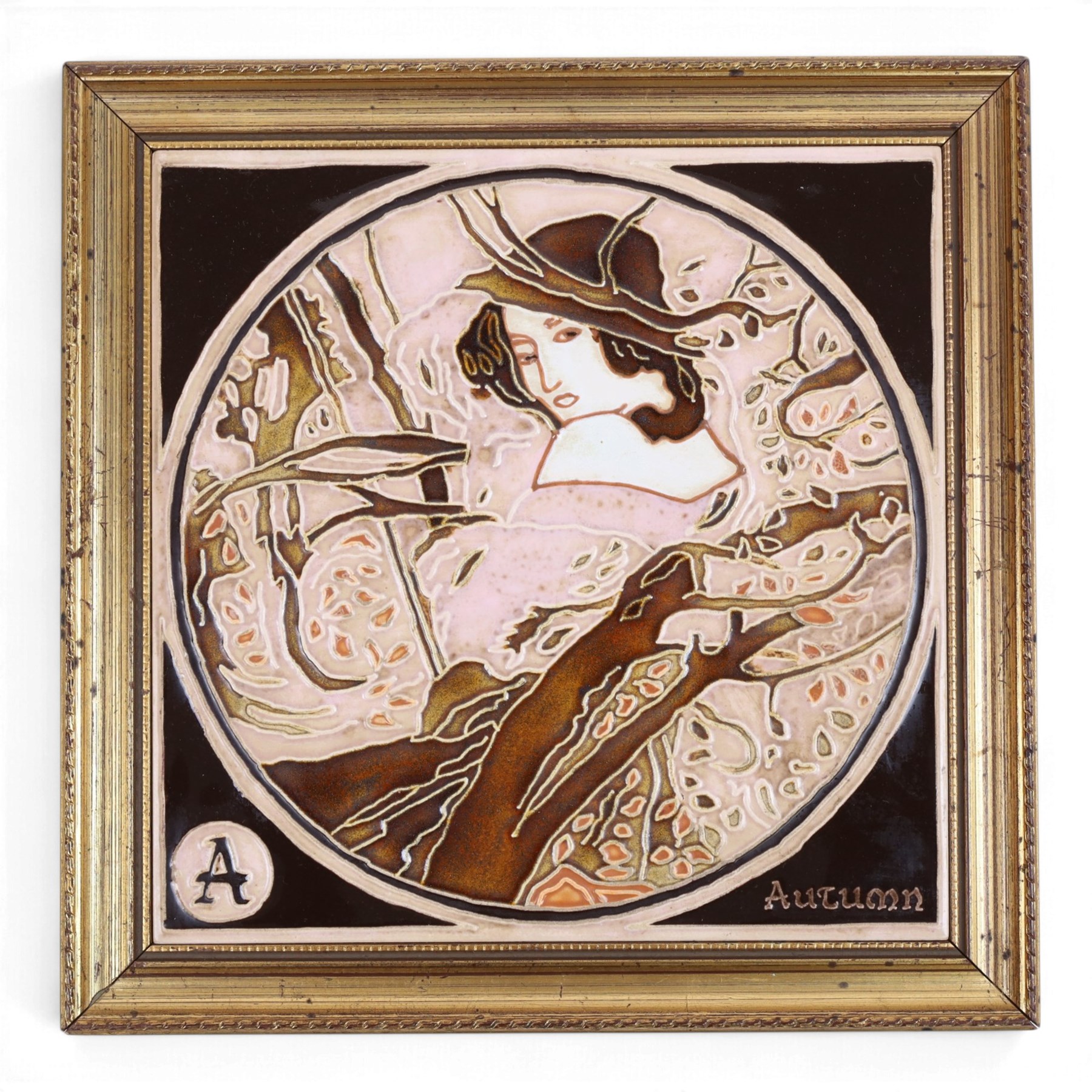 Set of Maw & Co tiles, The Four Seasons: Art Nouveau in style and a similar framed set of five green tiles