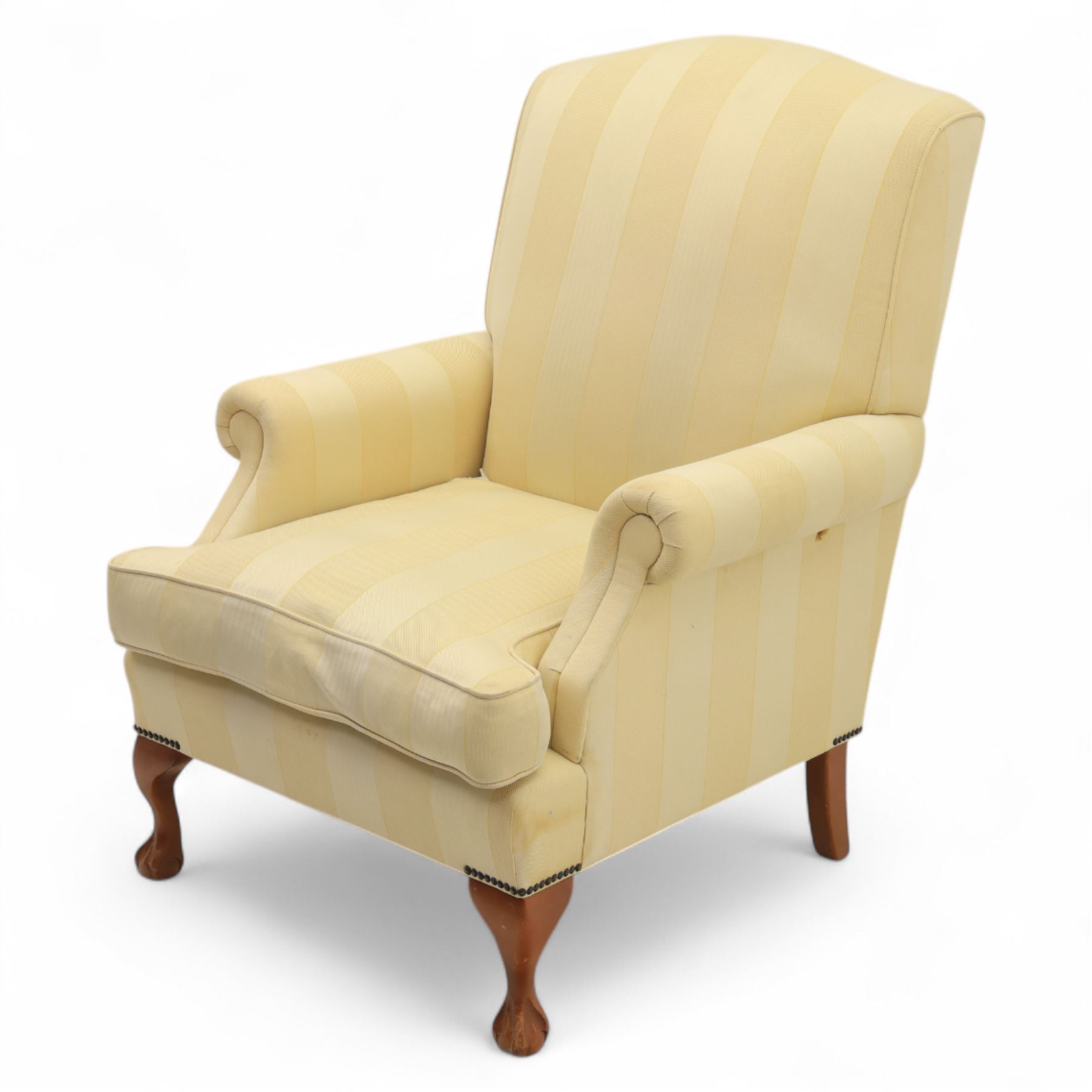 Wesley-Barrell - Georgian design traditional shaped armchair with rolled arms, sprung back and loose seat cushion upholstered in beige striped fabric with gold piping, raised on cabriole supports with ball and claw feet
