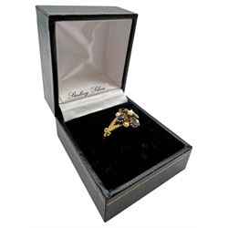 9ct gold amethyst and pearl flower ring, boxed 