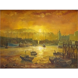  Scarborough Harbour, oil on canvas board signed by Don Micklethwaite (British 1936-) 29cm x 39cm and Fishing Boats by the Harbour Wall, pen ink watercolour and pencil by the same hand17.5cm x 24.5cm (2)  