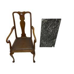 Early 20th century oak elbow chair, Victorian commode stool, piano stool, upholstered ottoman, beech rocking chair, an oak barley twist table and a rectangular black and white marble top (7) 
