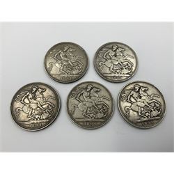 Five Queen Victoria silver crown coins, dated 1889, 1890, two 1891 and 1892