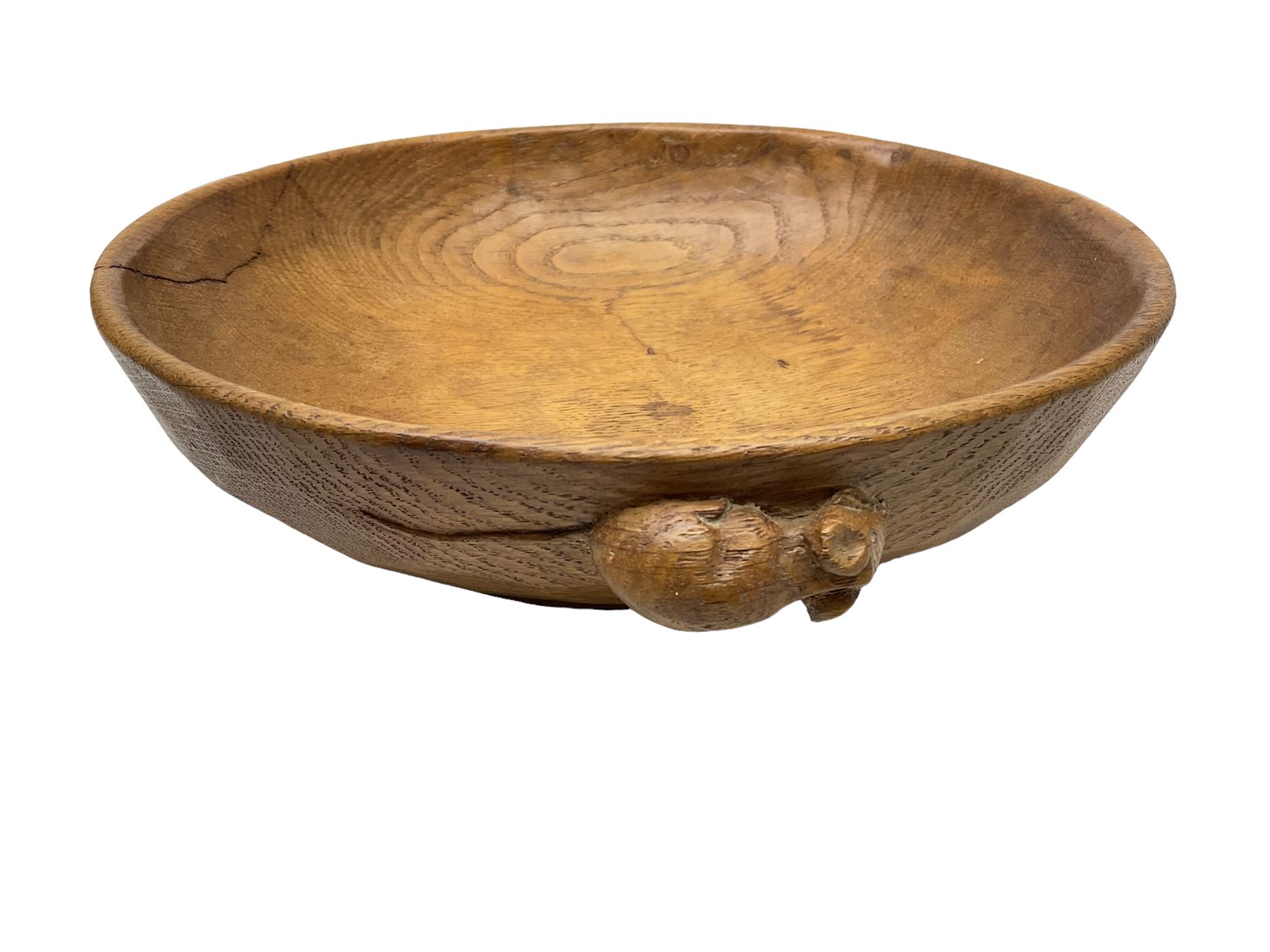 Mouseman - oak fruit bowl, the adzed exterior with carved mouse signature, by the workshop of Robert Thompson, Kilburn, D26cm