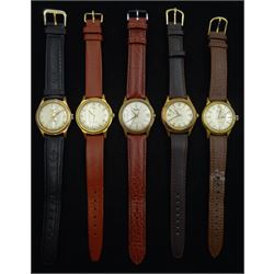 Six plated and stainless steel automatic wristwatches including MuDu, Geneva, Avia and Curtiss, all on leather straps