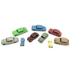 Dinky - seven unboxed and playworn die-cast cars comprising Studebaker, Ford Sedan, Rover 75, Vanguard, Austin Somerset and two Austin Devons; together with two Dublo size scale cars (9)