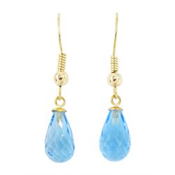 Pair of 9ct gold briolette cut Swiss blue topaz earrings, stamped 375