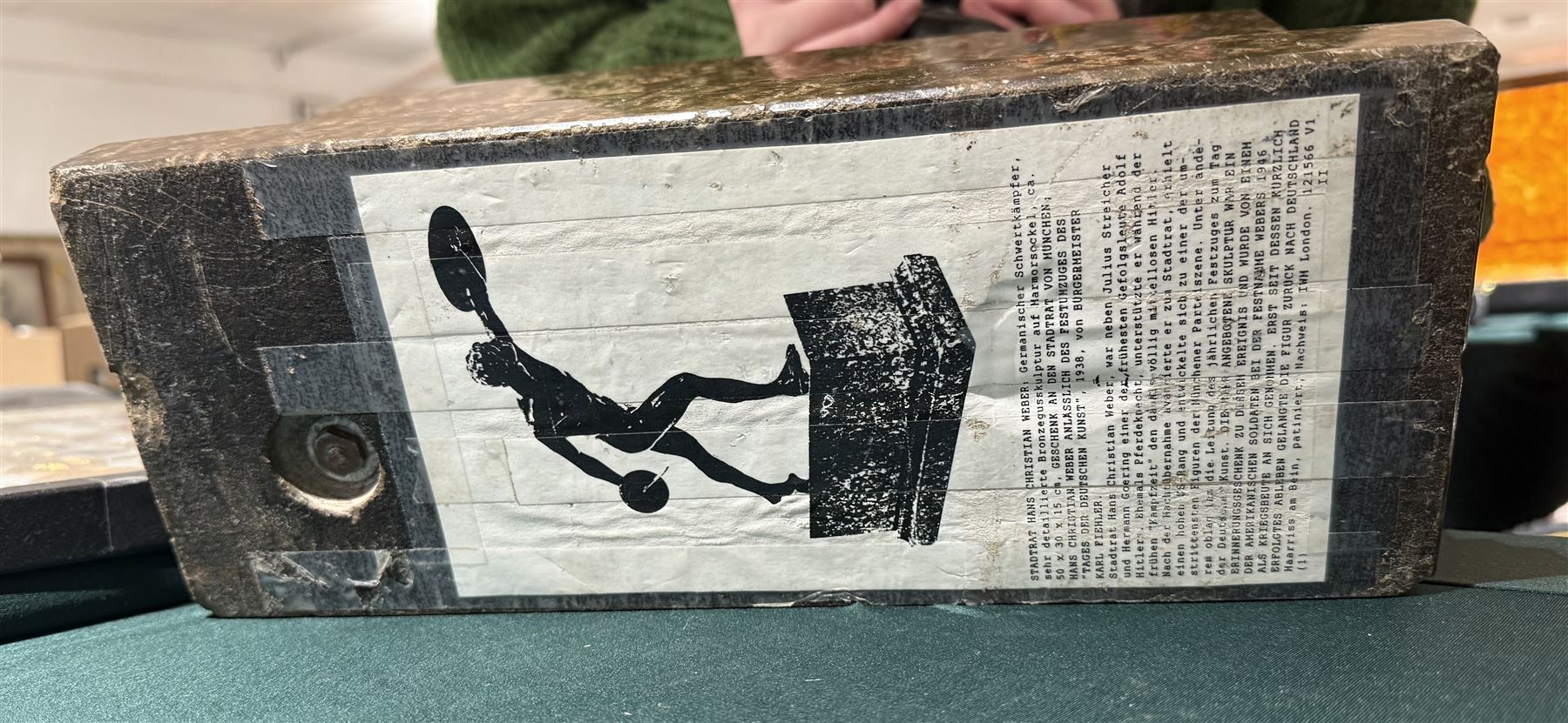 Third Reich; bronze sculpture, after Arno Breker modelled as a Gladiator upon a stepped rectangular marble base, belonging to Hans Christian Weber, gifted to him on the Day of German Art parade 1938 from Mayor Karl Fiehier, H45cm 