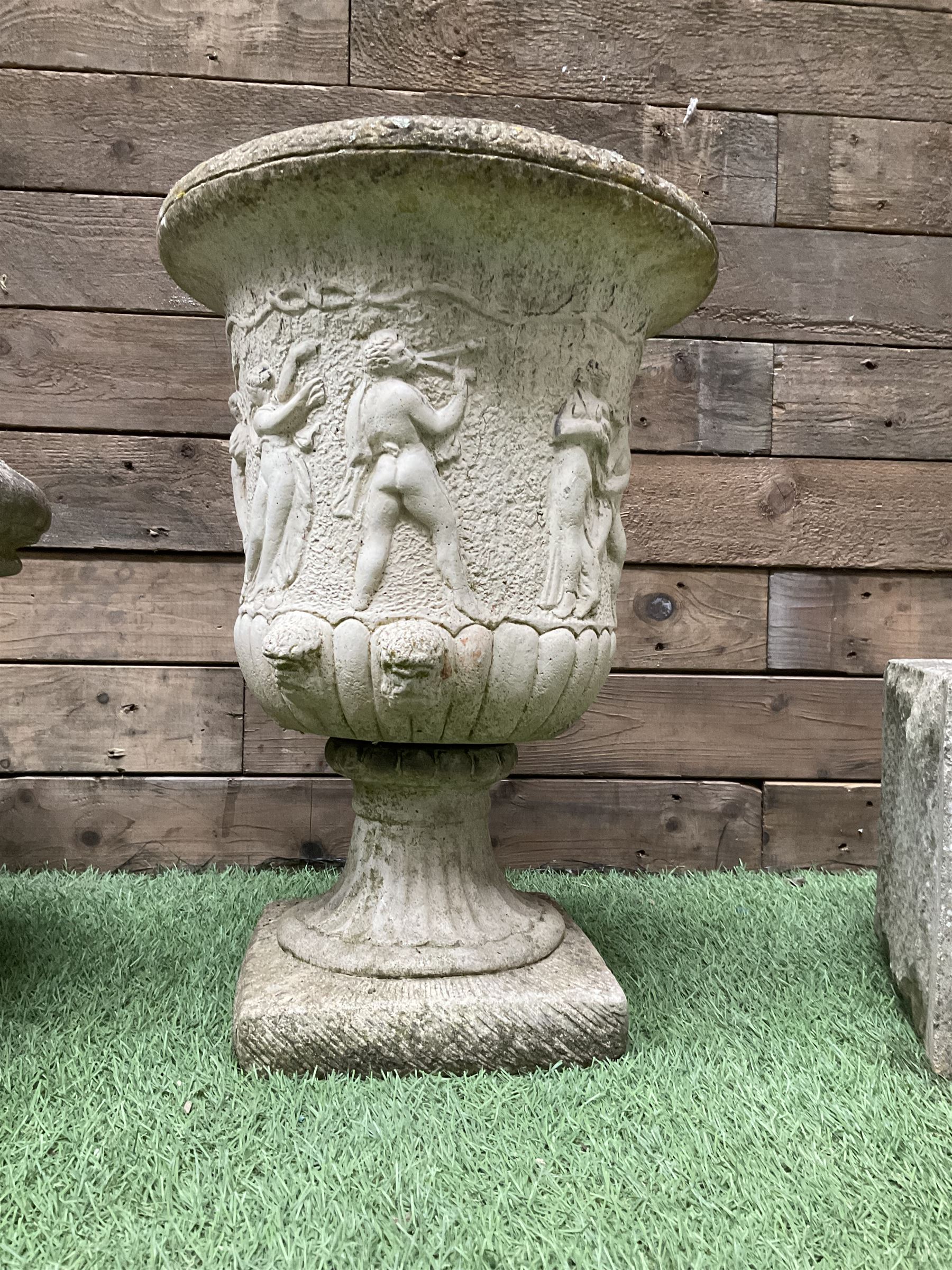 Cast stone garden urn, circular planter and a small rectangular planter