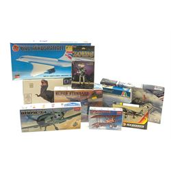 Nine assorted plastic model kits by various makers including Airfix 1/144th scale Concorde, Revell British S.E. bi-plane, Horizon Tyrannosaurus Rex, Tomy Zoids, Matchbox Sea Harrier, Italeri Harrier Falkland and three aircraft by Academy; all boxed, most in factory sealed transparent packaging (9)