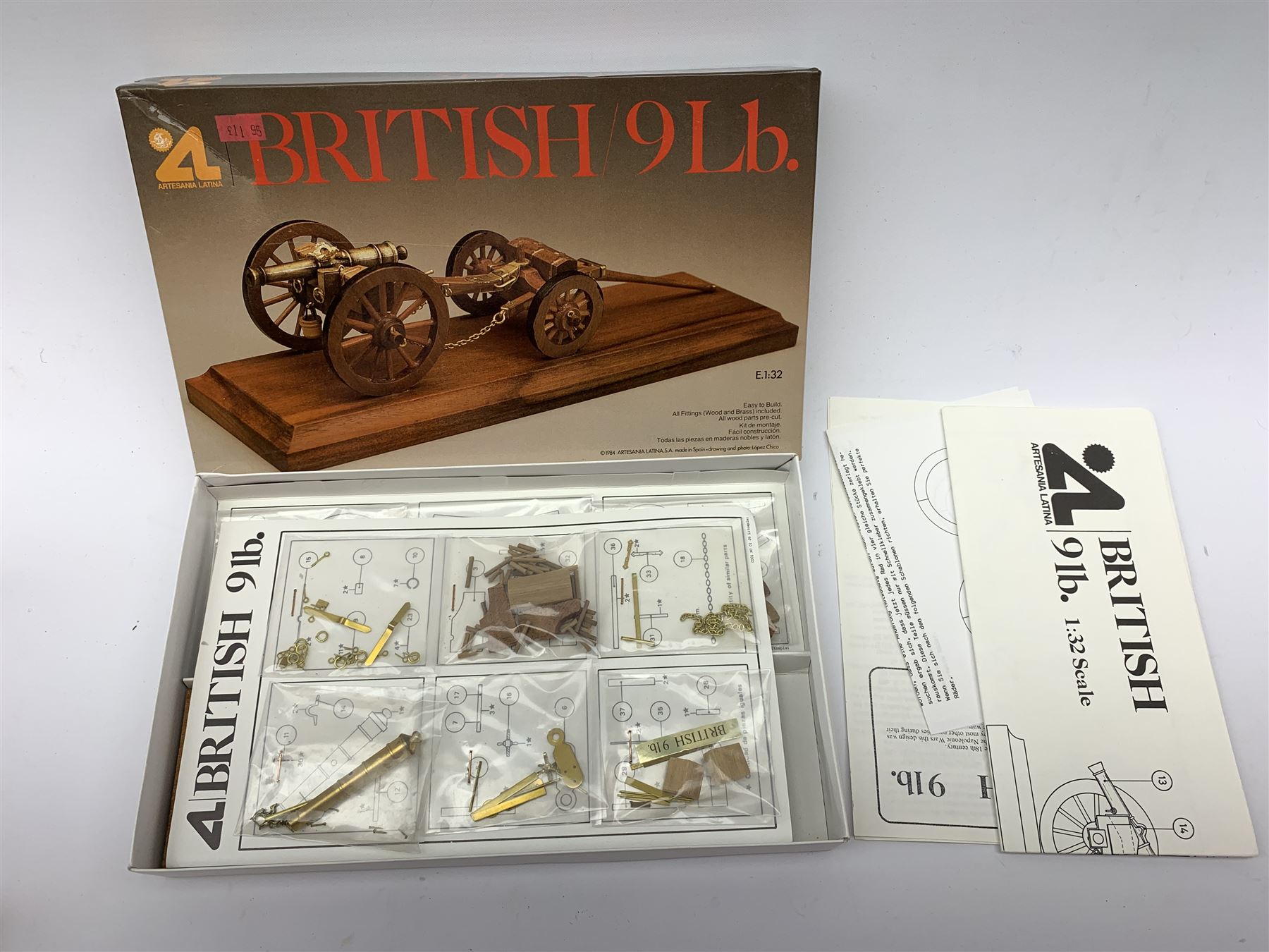 Three Artesania Latina wood and brass model kits of cannons including British 9lb, Naval 24lb and British Naval 12lb; all boxed with instructions and components in factory sealed transparent packaging (3)