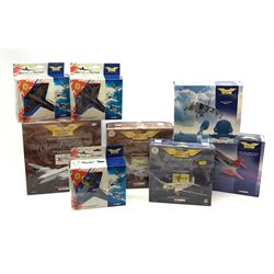 Corgi Aviation Archive aircraft - eight various scale models, most lacking one or two small pieces including 48605 Classic Propliners Bristol Britannia, 47401 Frontier Airliners Avro Lancaster, AA32702 Hawker Hunter, AA32401 Harrier Falklands, 47101 Douglas Skytrain etc; all boxed (8)