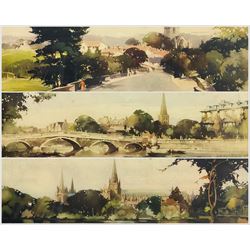 After Claude Buckle (British 1905-1973): 'Bedford', 'Litchfield Cathedral' and 'St Asaph'. set of three carriage prints 18cm x 58cm (3)
