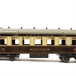 Hornby O gauge Parlour Car 'Grosvenor', a Hornby Pullman coach and a vintage Crumpsall biscuit tin in the form of a trunk