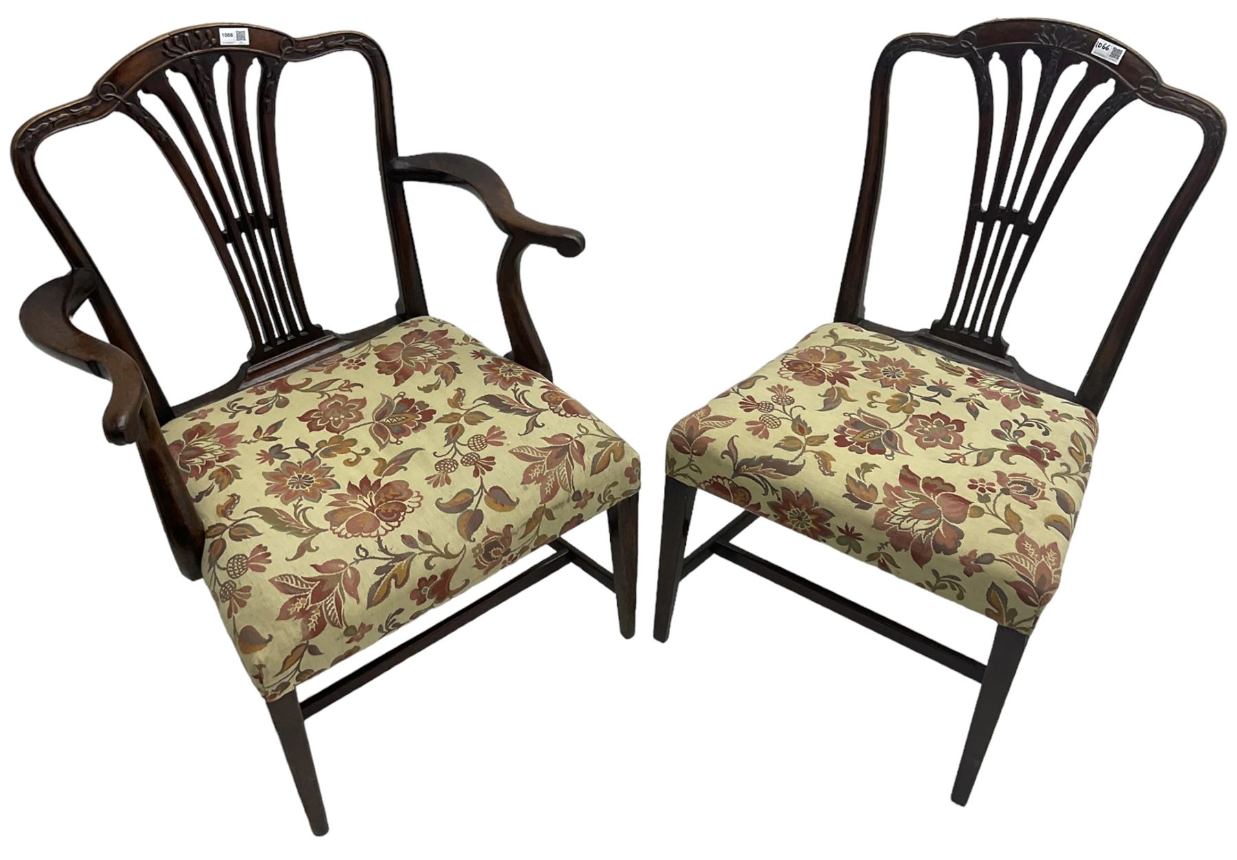George III Hepplewhite design mahogany elbow chair and matching side chair, cresting rail carved with bellflowers over pierced and flared splat, seats upholstered in floral patterned fabric, raised on square tapering supports united by stretchers