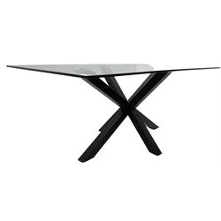Contemporary glass and metal dining table, rectangular glass top on black finish steel X-framed base